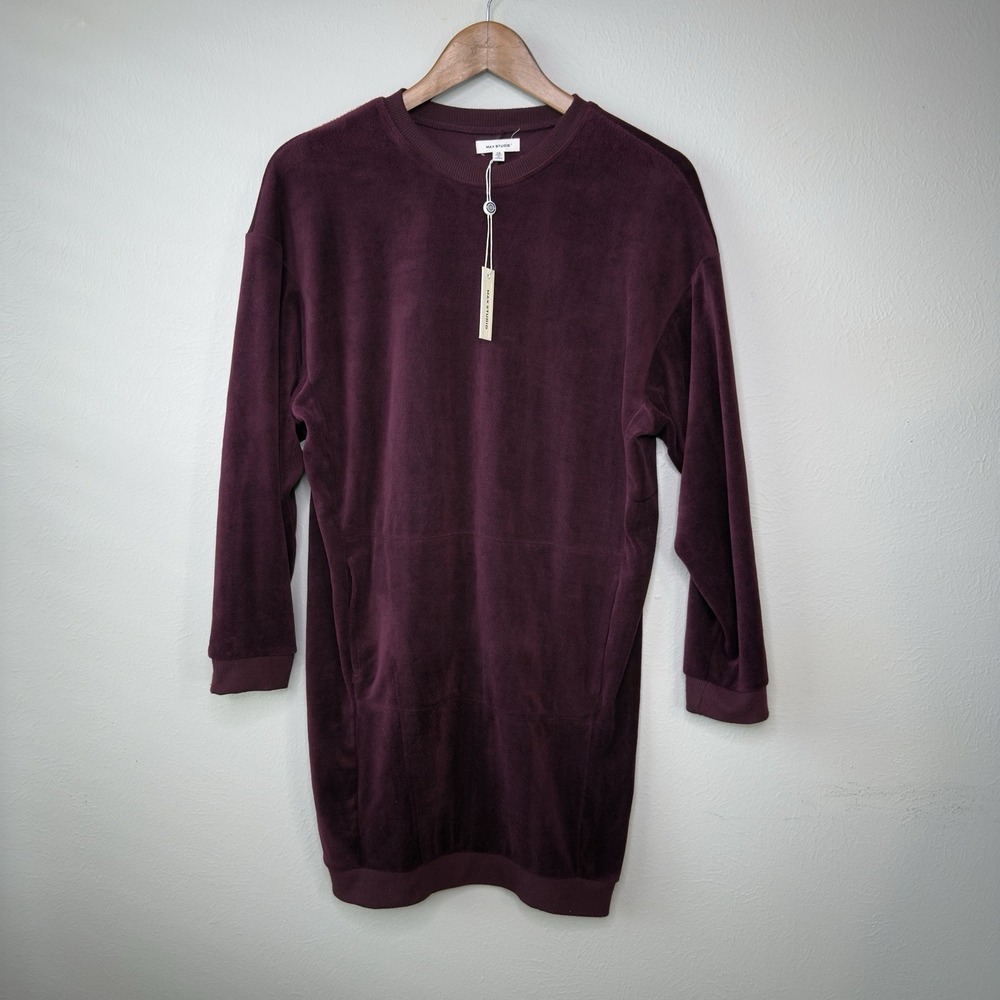 Max Studio Velour Velvet Sweater Dress Pocket Comfort Stretch Cozy Soft Oversize